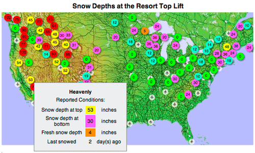 US Map - Snow Reported at Top Lift