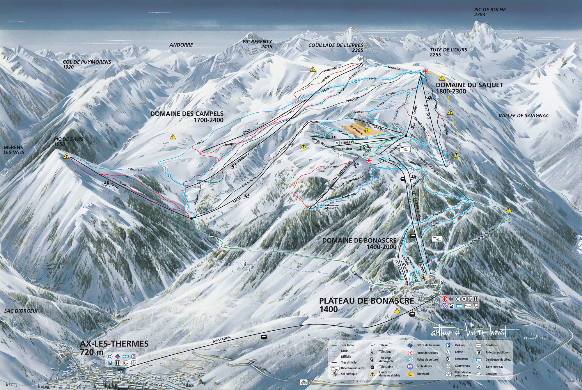 Plan des Pistes et Sentiers de randonnées de Ax 3 Domaines