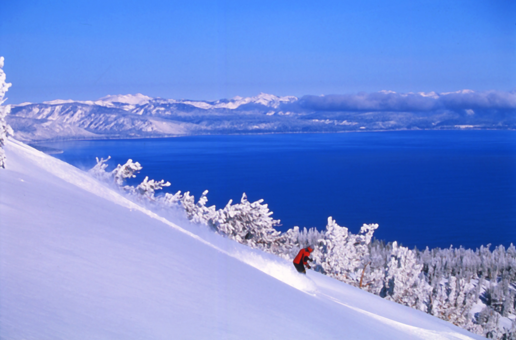 Skiing Heavenly with Lake Tahoe in the backdrop