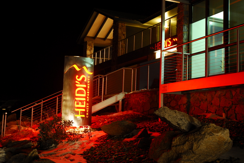 Mountain View Chalet at Heidi's at night, Perisher