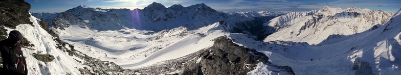 Panorama view from road to Schontaufspitze 3320m, to the Cevedale, Ortler Group and Sulden valley