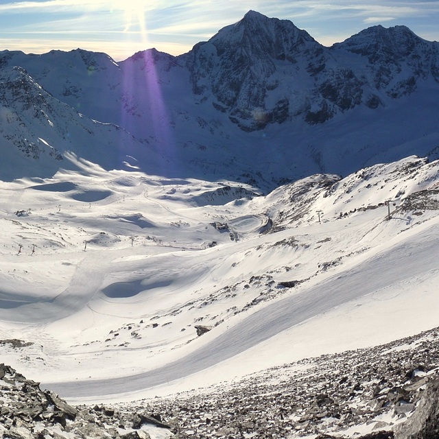 Panorama view from road to Schontaufspitze 3320m, to the Cevedale, Ortler Group and Sulden valley