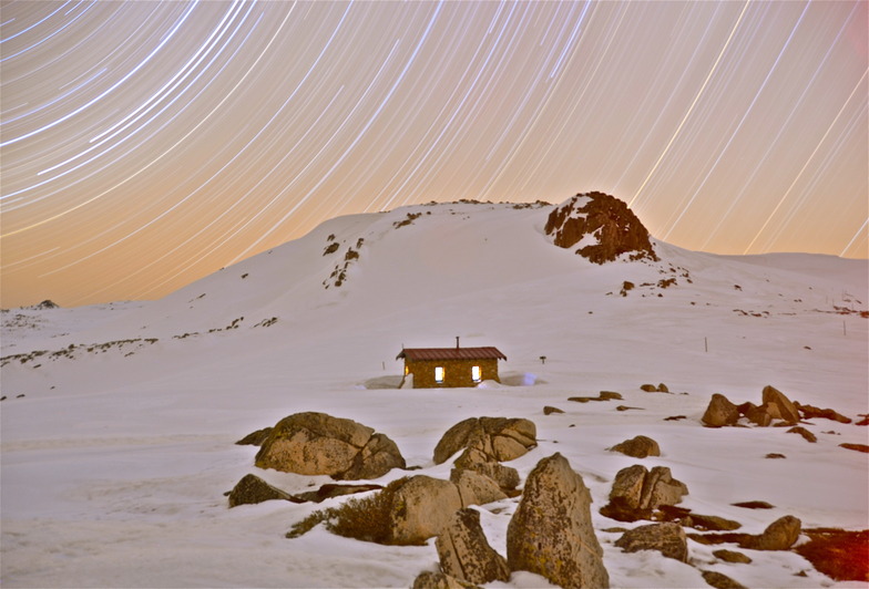 Star trails over Seaman's Hut, Kosciuszko National Park, Australia, Thredbo