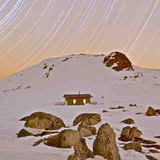 Star trails over Seaman's Hut, Kosciuszko National Park, Australia, Thredbo