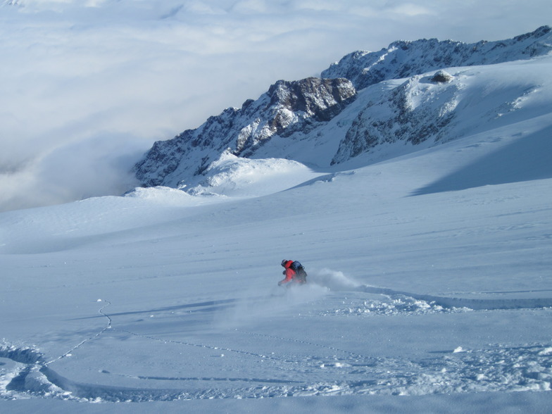 Kim heading into the abyss.  by J. Puchek, La Grave-La Meije