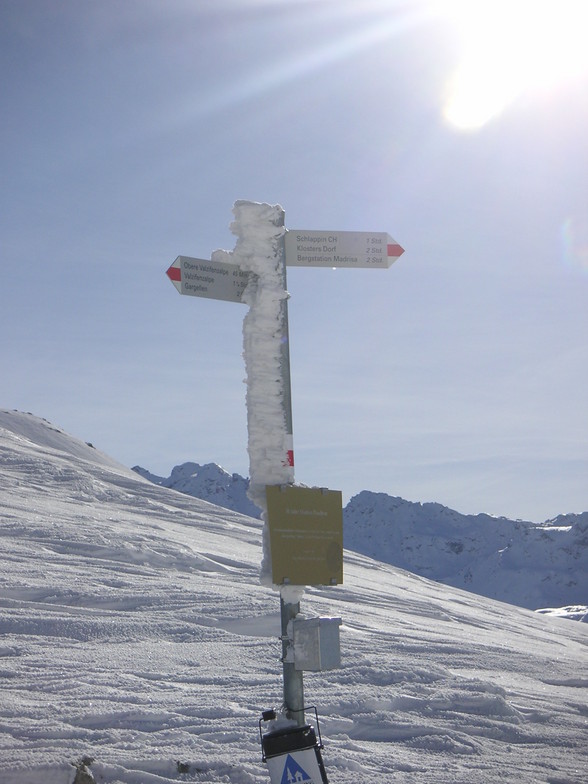 A frozen sign post in Austria near Gargellen , the next valley from Davos