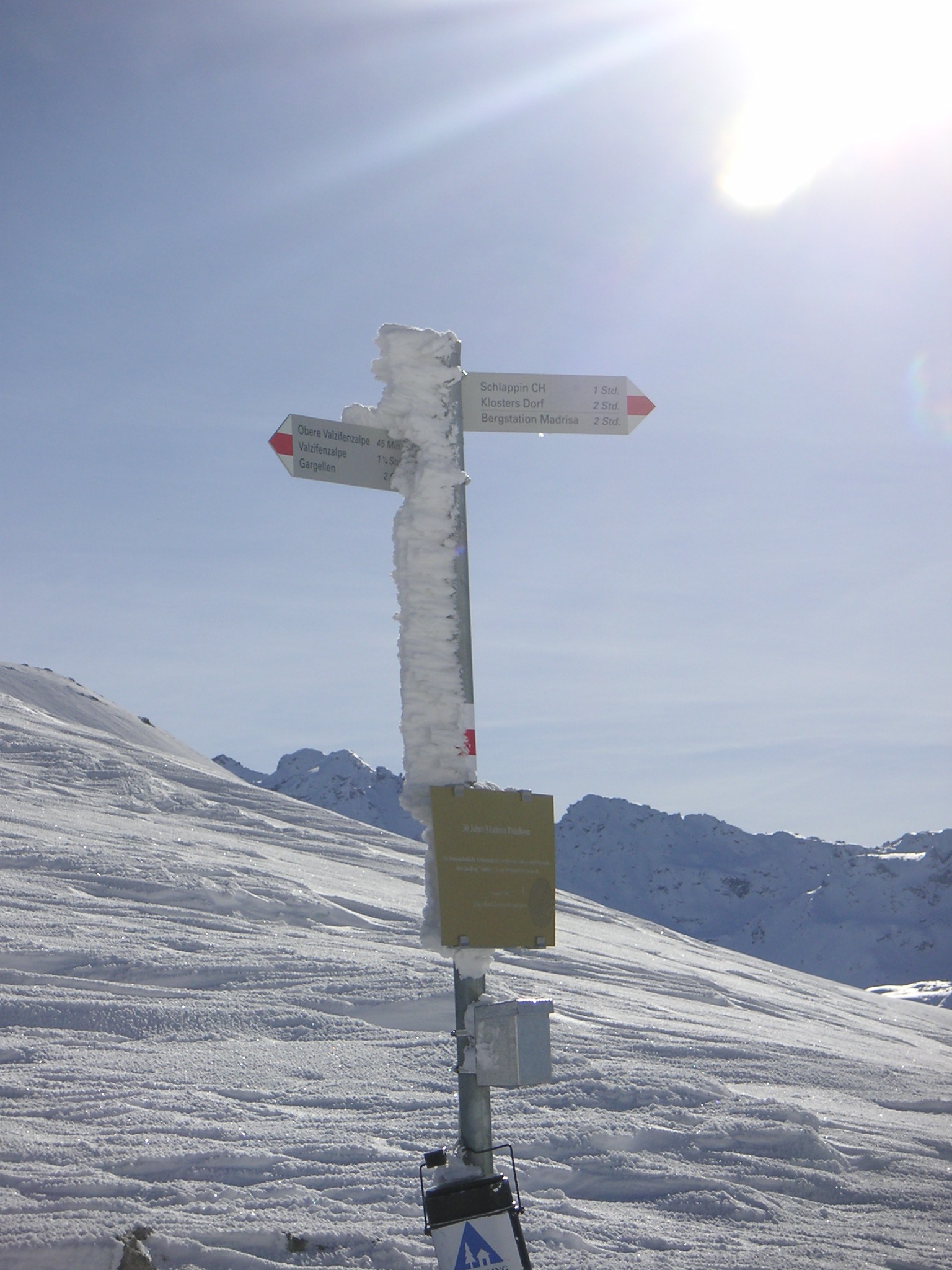 A frozen sign post in Austria near Gargellen , the next valley from Davos