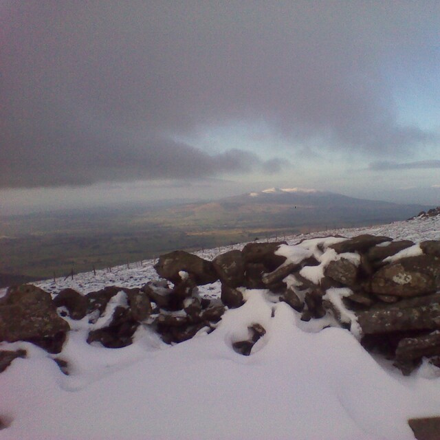 Snowy slopes of Knocknafallia and Knockmealdown from Seefin summit., Seefin (Monavullagh)