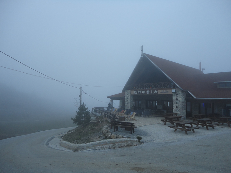 Chalet at Ziria Ski Center with fog, Ziria of Corinth Ski Center