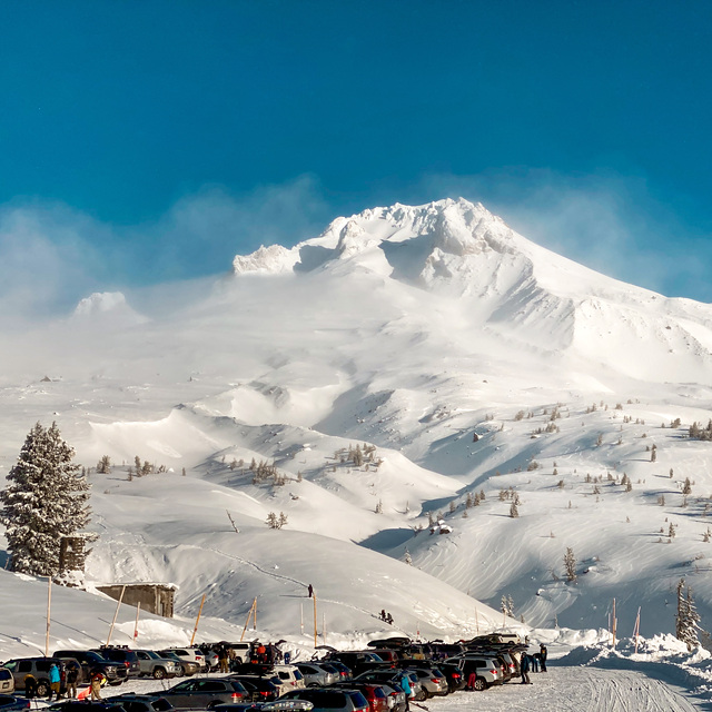 Timberline Snow: Mt Hood peaks out from the clouds briefly Monday morning