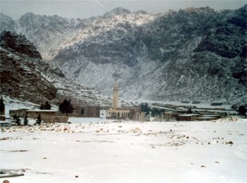 St. Catherine village covered by dense snow, Egypt, Jabal Katherina