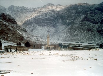 St. Catherine village covered by dense snow, Egypt, Jabal Katherina