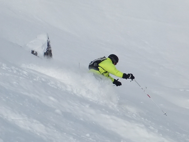 Chris at 59 enjoying the powder, Mottaret