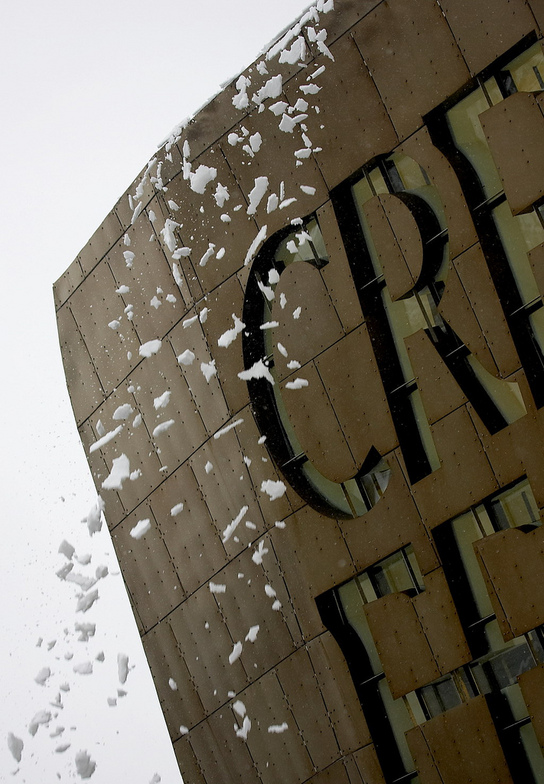 Mini avalanche off the roof of the opera house in Cardiff Bay