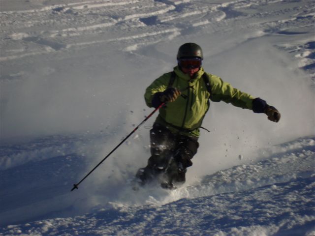 Haakon in knee deep powder on Diretissima, Davos