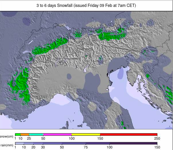 European Alps snowfall forecast for the next 3-6 days.