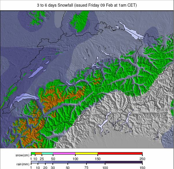 Switzerland snowfall forecast for the next 3-6 days.